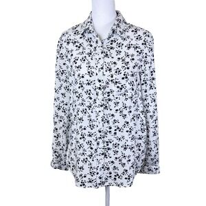 Beach Lunch Lounge Woman's Blouse Size SP White Black Floral Classic Staple Work